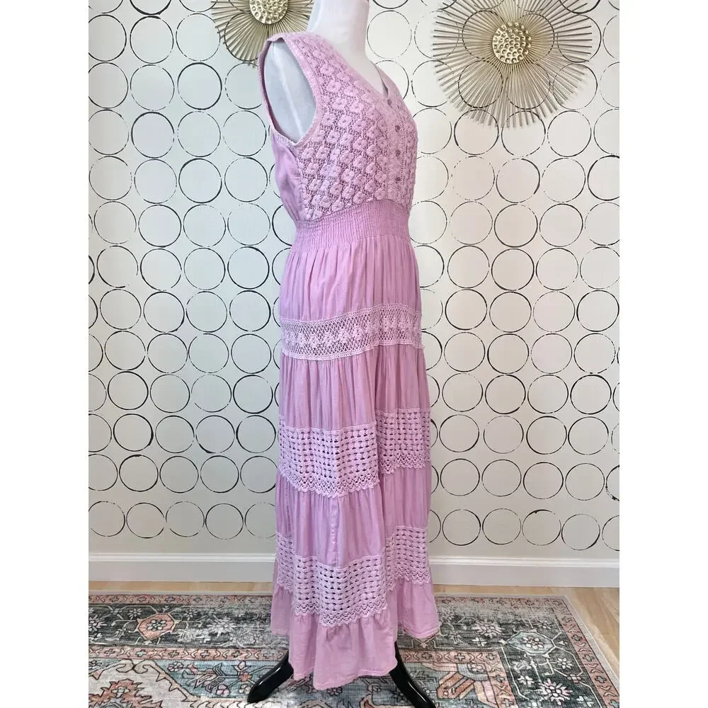 Crochet Tiered Maxi Dress Womens L Pink Purple Cottage Boho Romantic Cotton - Picture 2 of 15